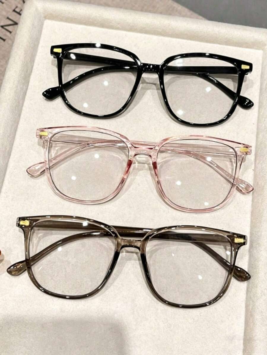 3 Pairs Geometric Pattern Colorful Elegant Vibrant Chic Ins-Style Glasses Set, Suitable For Outdoor Travel, Daily Life, Driving, Camping, Street Photography And Other Fashionable Accessories, Fits All Face Shapes - 3pcs Black Transparent Pink Tea Gray - View 1