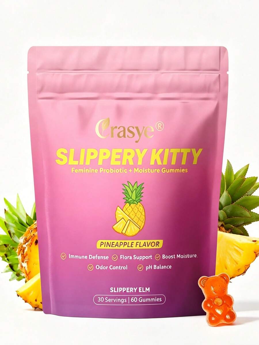 Crasye Slippery Kitty Moisture Gummies For Women Pineapple Flavored Feminine Probiotics Slippery Elm Immune Defense Flora Support Ph Balance Odor Control 60 Gummies - - - 查看 1