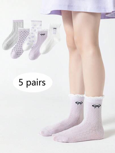5双装女童浅紫色甜美波点蝴蝶结装饰中筒袜，透气学生袜，适合日常穿着，春夏款