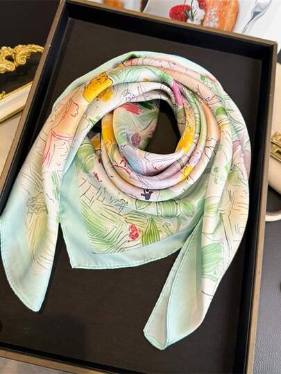 1pc Women's Elegant Vintage Printed Thin Satin Square Imitation Silk Scarf, Bohemian Style Casual Women's Neck Scarf, Shawl, Lightweight Comfortable Women's Headscarf, Suitable For Spring And Summer Daily Wear And Outings