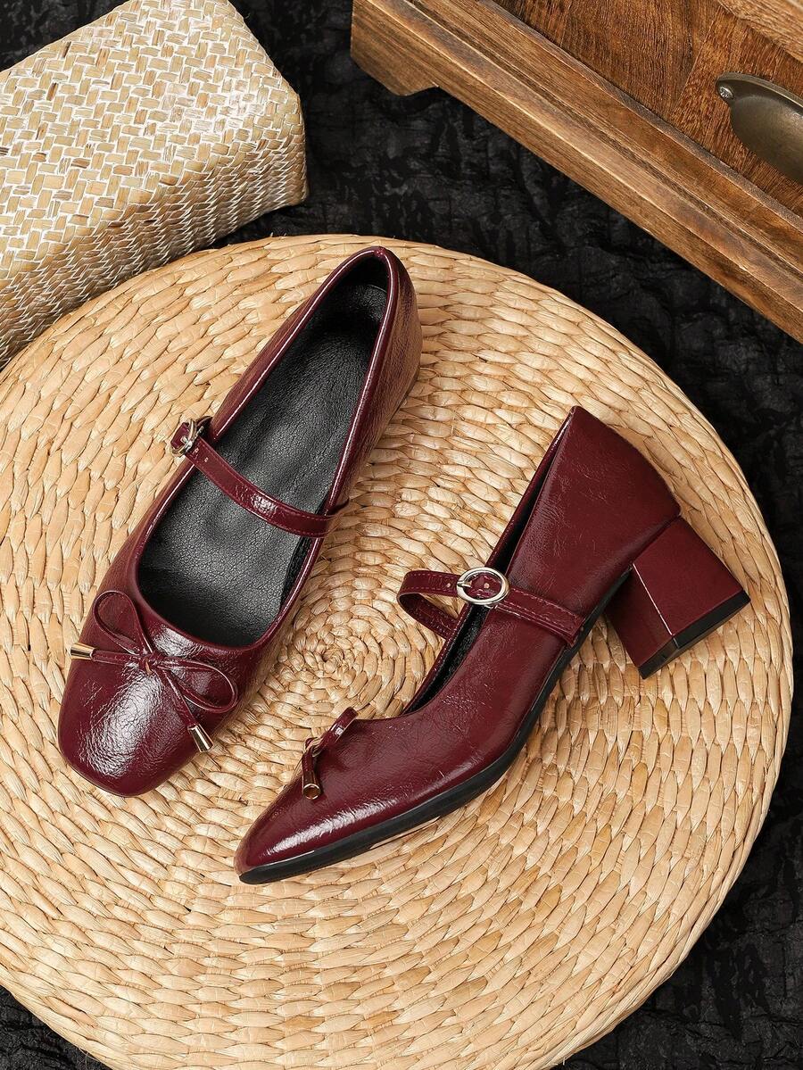 2026 New Elegant Women's High Heel Shoes, Square Toe Chunky Heel Low Vamp Pumps, Bow Design, Versatile Commuter Chunky Heel Shoes - Burgundy - View 1