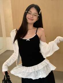 黑色蕾丝边吊带背心，夏季叠穿无袖衬衫，透视设计 - 黑色 - 查看 3