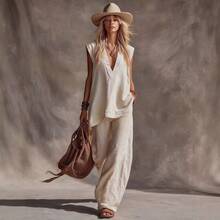 2026 Women's Spring/Summer New Vest With Side Pockets, Solid Color, Casual, Comfortable, Minimalist Linen Two-Piece Set - 杏色現貨 - 查看 8
