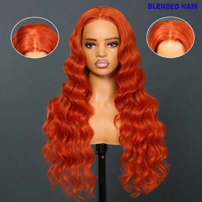 34 Inch #350 Ginger Glueless Front Wig Human Blended Hair 200 Density 13x4 Body Wave Glueless Wigs Human Hair Pre Plucked Colored Frontal Wigs Human Hair Blode Wig Human Hair Wigs For Women