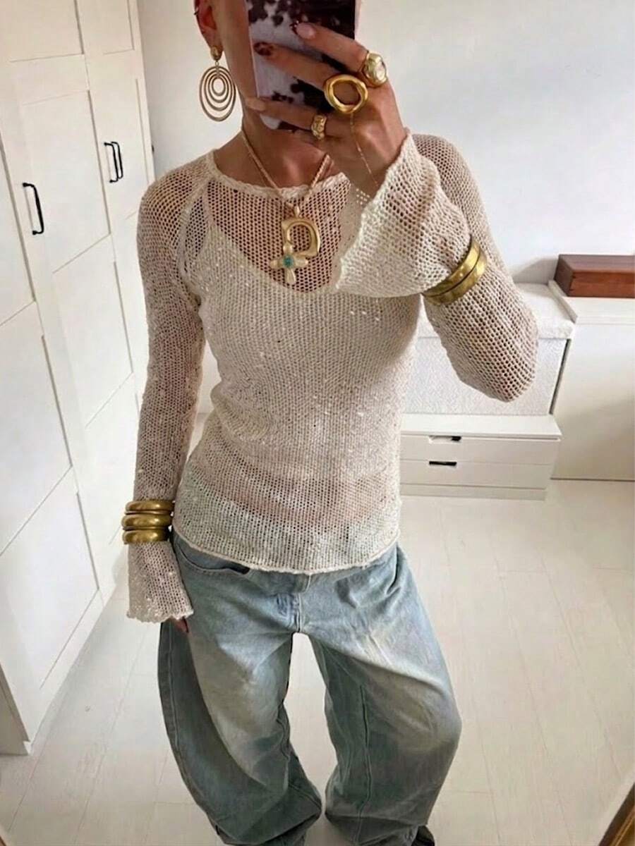 Blusa de manga larga con volantes y lentejuelas transparentes, de punto elástico ligeramente, para vacaciones, tops de verano, atuendos para citas. Primavera