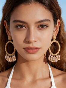 imoli 1 Pair Bohemian Handwoven Raffia Geometric Hoop Earrings, Suitable As Jewelry Gift For Summer Beach Party - 29670-khaki - View 3