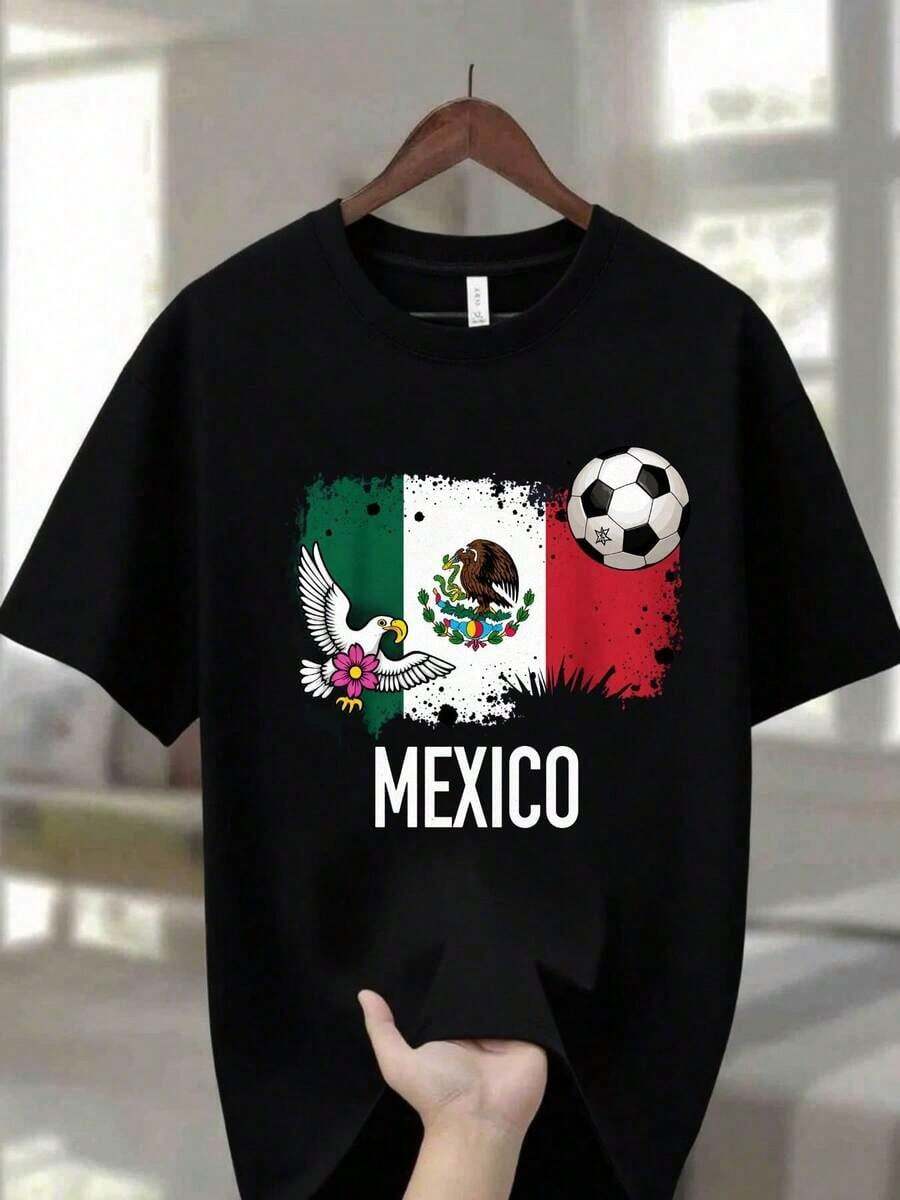Camiseta de Hombre con Cuello Redondo, 100% Algodón, Azul Marino, con Bandera Mexicana, Águila de Fútbol y la Inscripción 'MEXICO' - Letras Blancas Audaces, Diseño Gráfico Frontal - Regalo Perfecto para el Día de Acción de Gracias, Navidad, para Fanáticos del Fútbol, para Papá - Negro - Ver 1