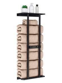 Wall Mounted Towel Rack With Shelf, 30-Inch Bathroom Towel Holder Holds 6 Rolled Large Towels, Space Saving Over-The-Toilet Towel Storage Organizer For Small Bathroom Apartment RV, Metal Hanging Rack With Top Shelf For Essentials, Easy Install - 黑色 - 查看 6
