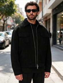 Nueva chaqueta de ante elegante y con encanto para hombre, de la colección primavera/otoño, con grandes bolsillos. - Negro - Ver 1