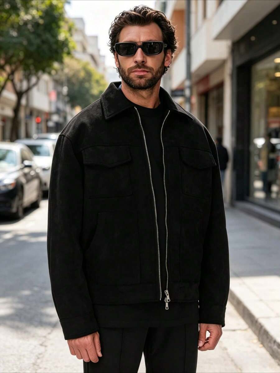 Nueva chaqueta de ante elegante y con encanto para hombre, de la colección primavera/otoño, con grandes bolsillos. - Negro - Ver 1