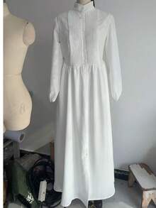 Spring And Summer New Temperament Waist Thin Long Sleeves Pleated Word Long Holiday Skirt French White Dress - trắng - Xem 3