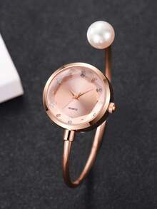 1pc Women's Gift Watch, Delicate Compact Minimalist Rhinestone Dial, Versatile Ladies Quartz Wrist Watch, Pearl Bracelet Design, Excluding Watch Box - Rose Gold - View 4