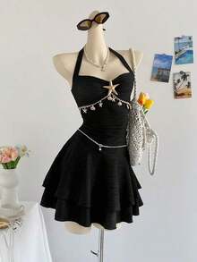 2026 Textured Knit Mini Dress With V-Neck Ruffles, Starfish And Shell Decoration, Metal Buckle, Suitable For Christmas, Date, Club, Bohemian Style, Holiday, Autumn, Vintage, Party For Women - Black - View 3