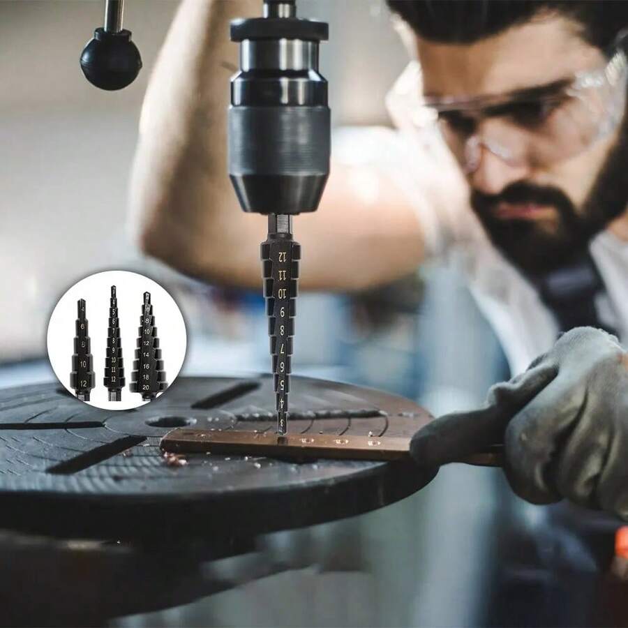 3 piezas de brocas escalonadas de HSS con recubrimiento nitrurado, aptas para perforar plástico, madera, placa metálica, agujeros de aluminio, brocas escalonadas de HSS (Métrica 4-12mm/3-12mm/4-20mm) - Conjunto de 3 piezas negro - Ver 1