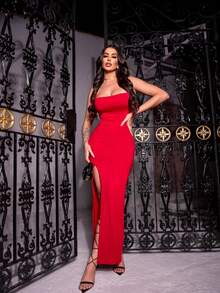 Women's Long, Fitted, Backless, Braided, Butt-Lifting Dress With A Slit, Elegant For Parties. - Watermelon Pink - View 3