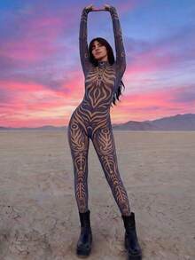 Bộ jumpsuit ôm sát gợi cảm mới, cổ tròn, tay dài, phối màu tương phản, thích hợp cho kỳ nghỉ của nữ, thanh lịch. - Màu tím - Xem 2