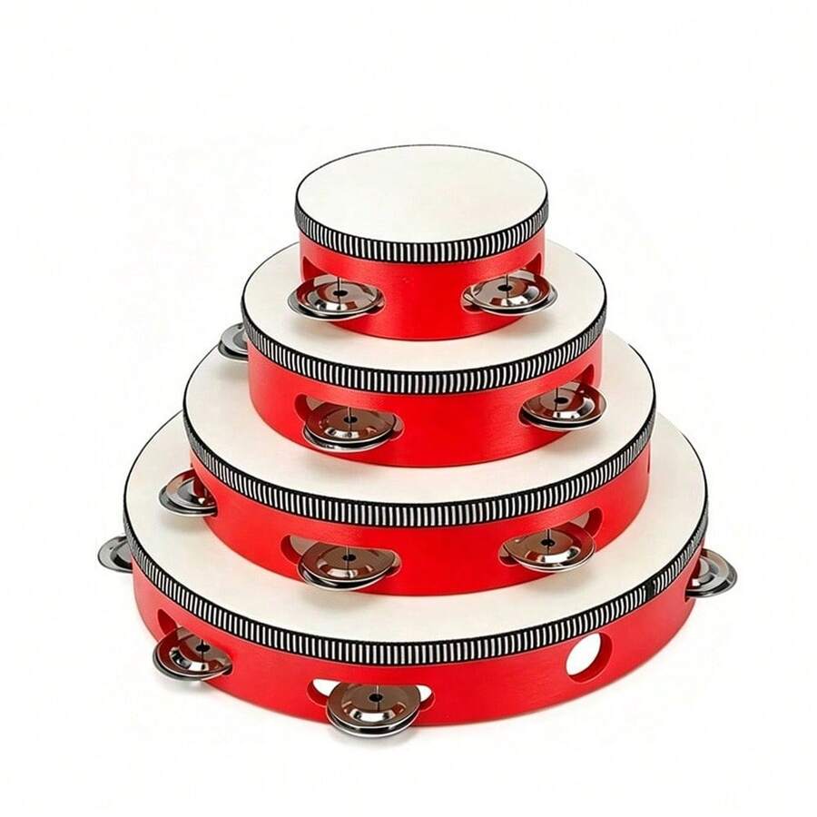 1pc Red Adult Hand-Held Wooden Rattle Drum, Single Row Metal Bells, 10-Inch Music Rattle Drum, Rhythm Percussion Instrument, Suitable For Parties, Games, KTV, Etc. Adult Hand-Held Rattle Drum (Drum Sticks Not Included), Single Row Metal Ringing Percussion Instrument, Clear Sound, Durable Material - Multicolor - View 1