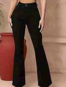 Women's High-Waisted Flare Jeans With Lycra Stretch, Shaping, Butt-Lifting, Bell-Bottom Style - 黑色 - 查看 4