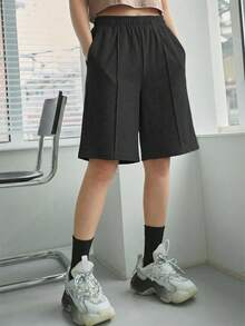 1 pieza Shorts tipo bermuda casuales deportivos cómodos de ajuste holgado para niñas, primavera verano otoño - Negro - Ver 7