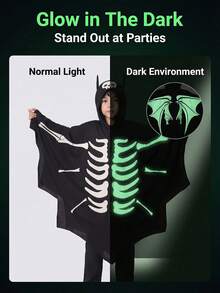 Kids Glow-In-The-Dark Bat Cape Set | Halloween Glow Skeleton Costume, Festival Performance Outfit, Dark Character Cosplay - Black - View 7