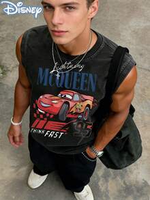 Disney Cars Lightning McQueen Think Fast Officially Licensed Men's Sleeveless Graphic Tee, 100% Cotton 230g Washed Vintage Streetwear Shirt - 黑色 - 查看 6