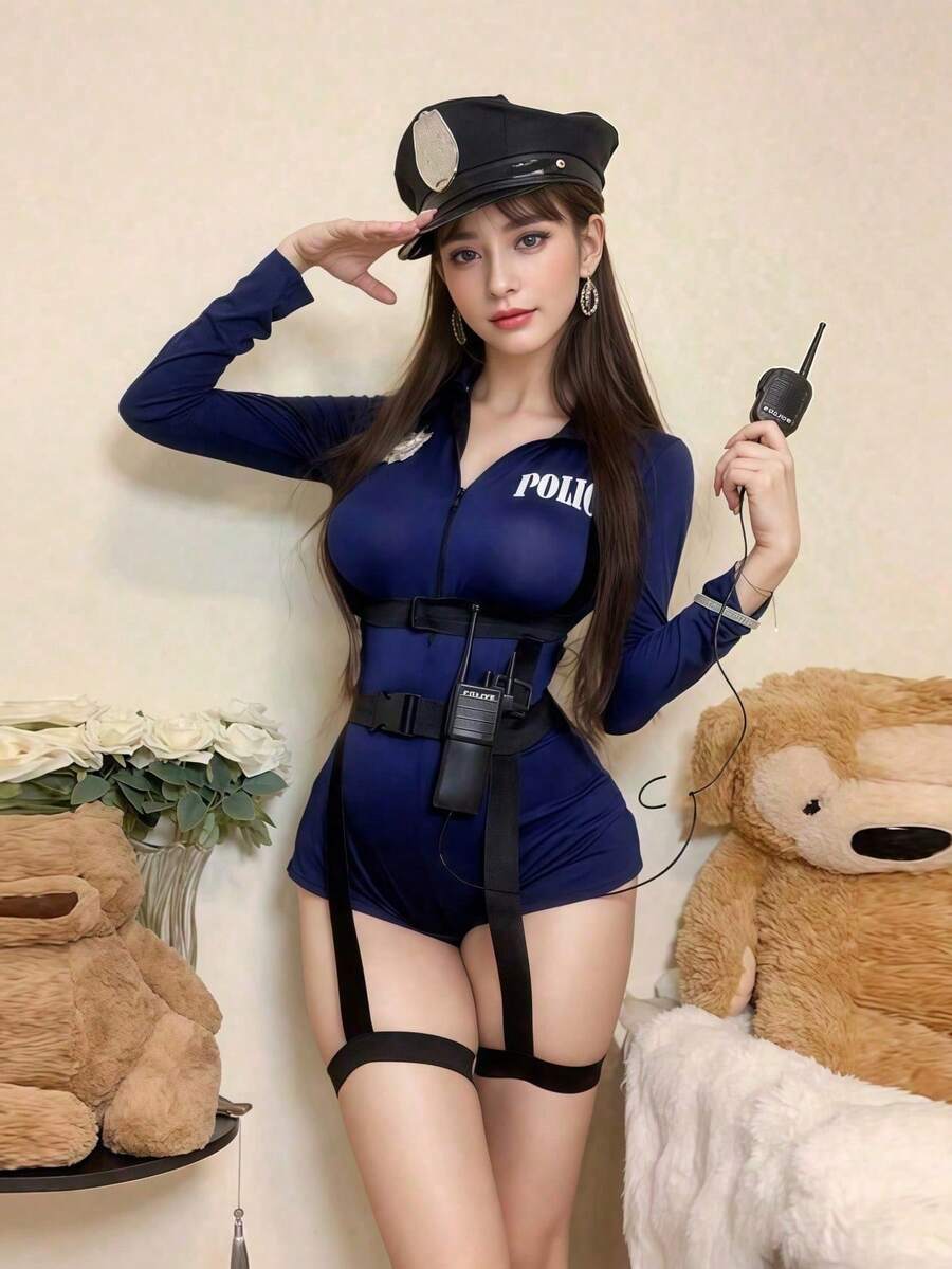 1pc Sexy Nightclub Police Cop Uniform Camouflage Jumpsuit For Roleplay & Photoshoot, Excluding Cap & Badge