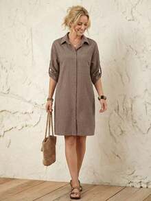 Women's Striped Roll-Tab Sleeve Front Button Shirt Dress For Vacation & Leisure - Marrón - Ver 3
