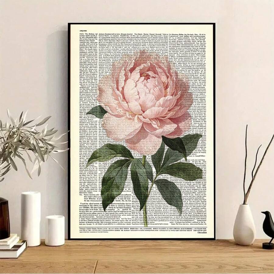 1pc Vintage Peony Dictionary Art Print, Botanical Newspaper Art, Floral Collage Wall Decor, Retro Floral Poster, Unique Gift - Multicolor - View 1