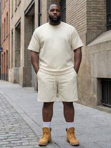 Plus Size American Texture Short Sleeve & Shorts Set, Men Summer Loose Straight Casual 2 Pieces Outfit, Streetwear - Beige - View 6