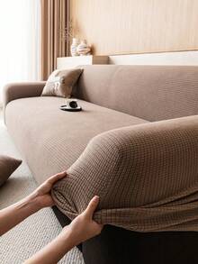 1pc Stretch Sofa Cover, 3D Plaid Pattern Design, Machine Washable, Non-Slip Sofa Protector, Suitable For Single To Four-Seater Sofas, Solid Color Textured Fabric, Suitable For All Seasons, Essential For Living Room | Minimalist Sofa Cover | Fitted Sofa Cover - Brown - View 7