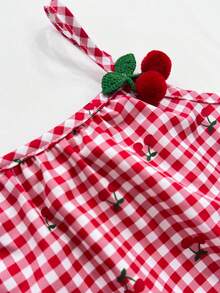 Vestido de tirantes con estampado de cuadros de cereza para niñas, vestido de verano fresco y dulce con volantes en el bajo, vestido de princesa con estilo de resort para niñas jóvenes - Rojo - Ver 8