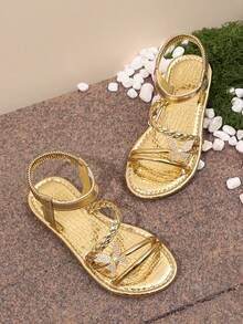 1 Pair Girls Flat Sandals PU Braided Strap + Rhinestone Pearl Butterfly Decor Elastic Back Slip-On Design Fashionable Cute Roman Beach Sandals Suitable For Students Daily Casual Beach Vacation Summer New Style - Gold - View 2