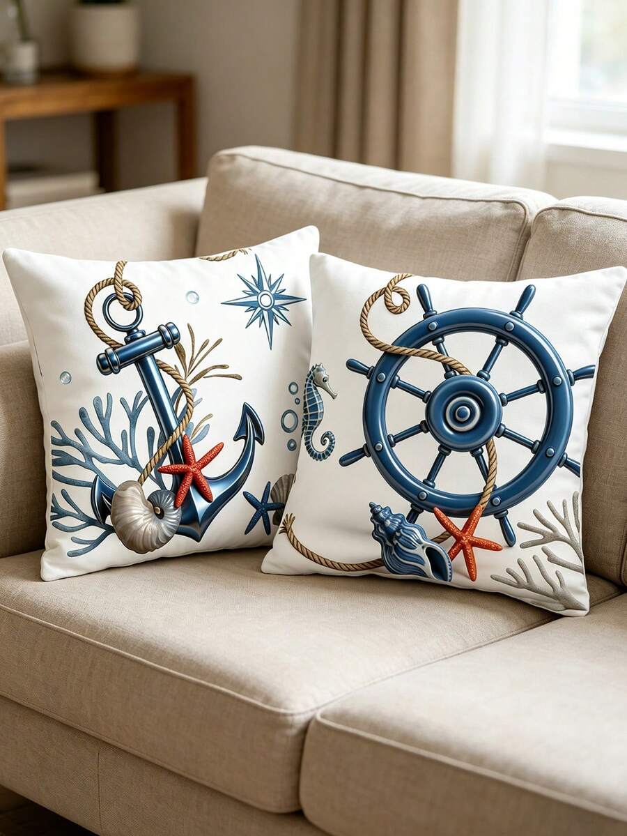 2 Packs 45x45cm Nautical Coastal Throw Pillow Covers Set, Simulation Silk Smooth Silky 3D Stereo Anchor Ship Wheel Marine Print Cushion Cases, Ocean Beach Starfish Coral Seahorse Decorative Pillow Covers (No Insert) For Sofa Couch Living Room Bedroom Patio All Season Home Decoration - Multicolor - View 1