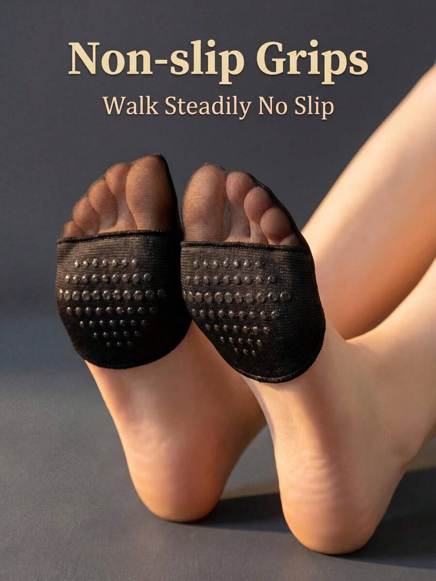 Women's Anti-Slip Forefoot Half Socks With Silicone Grip – Invisible Sheer Foot Pads For Summer Sandals - Black - View 1