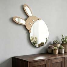 1pc 2D Flat Thin Wooden Wall Decor Mirror, Minimalist Cartoon Rabbit Pattern Print, Wooden Color + Mirror Surface, Rabbit Shaped Laser Cut, High Definition Mirror, Wall Hanging Art Mirror, Suitable For Kids Room, Bedroom, Living Room - Multicolor - View 2