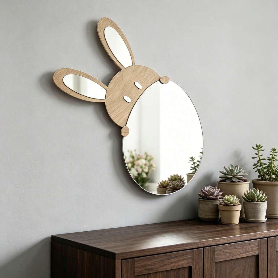 1pc 2D Flat Thin Wooden Wall Decor Mirror, Minimalist Cartoon Rabbit Pattern Print, Wooden Color + Mirror Surface, Rabbit Shaped Laser Cut, High Definition Mirror, Wall Hanging Art Mirror, Suitable For Kids Room, Bedroom, Living Room
