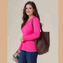 Women's Sweater Blouse, V-Neck, Plain, Basic, Knit, Long Sleeve, Autumn/Winter - Rose Red - View 2