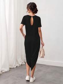 Enterizo mono jumpsuit mujer dama  manga corta cuello redondo corte relajado color lila bolsillos laterales tejido suave cómodo estilo casual moderno versátil para uso diario    Bolsillo  aberturas - Negro - Ver 3