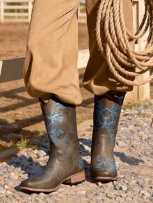 Women's Western Cowboy Boots Square Toe Embroidered  1.37-Inch Low Chunky For Country Music Festivals Theme Party And Concert Mid-Calf Boots - Màu nâu Sô-cô-la - Xem 10