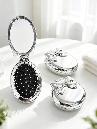 1pc Compact Foldable 2-In-1 Massage Comb & Mirror, Bowknot Oval Airbag Massage Hair Brush, Portable Folding Mirror Brush, Elegant Gift For Valentine's Day, Girlfriend, Travel, Daily Use