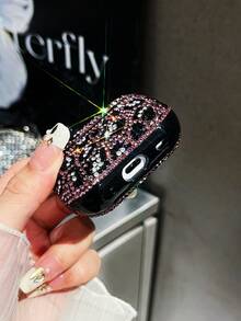 1pc Purple Rhinestone Leopard Print Bluetooth Earphone Protective Case For AirPods - Purple - View 3