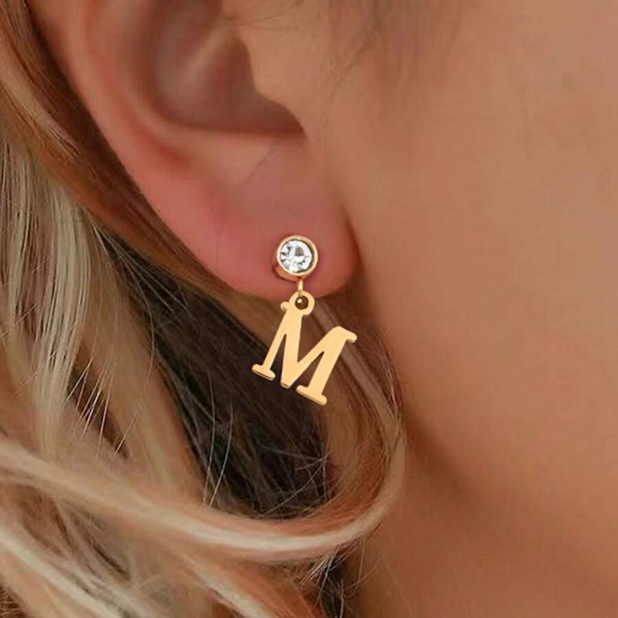 1Pair Fashion Stainless Steel Initial Pendant Drop Earrings For Women - Yellow Gold - View 1