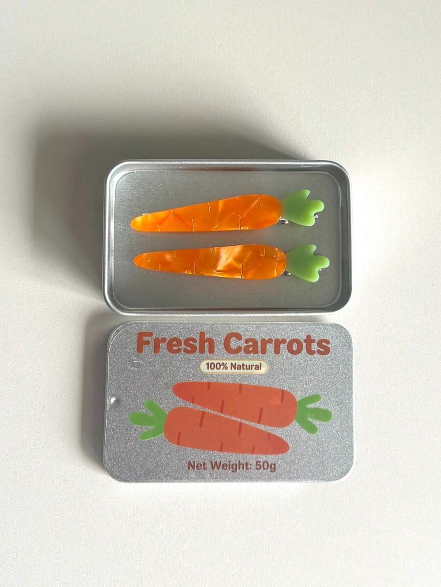 2 pezzi Fermagli per capelli a forma di carota, include una scatola di metallo bonus per il trasporto e il compleanno - Arancione - Visualizzare 1