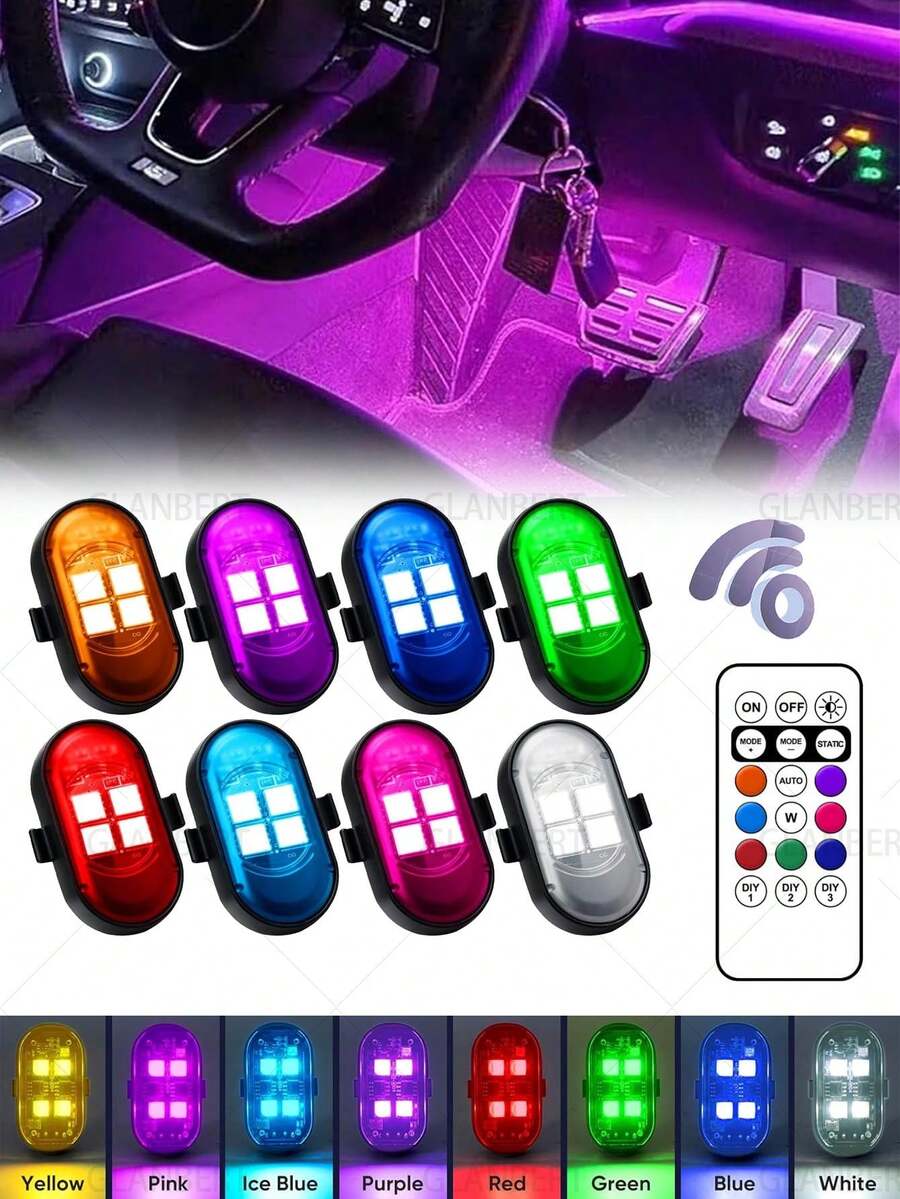 GLANBERT 4pcs/Set Wireless LED Flashing Lights With Remote Control, 8 Color Modes, Type-C Rechargeable LED Lights, Collision Warning Lights For Car, Motorcycle, Bicycle, Drone, Aircraft