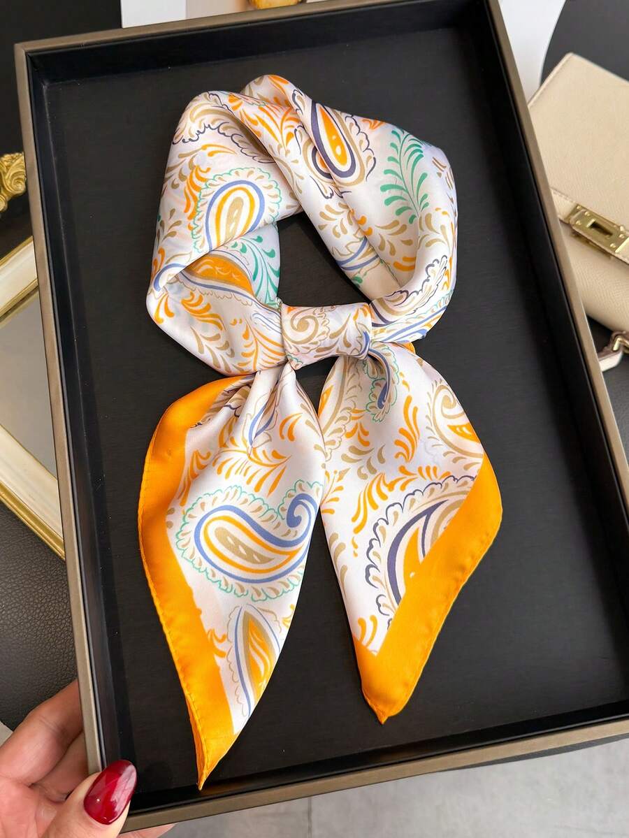 1件優雅復古佩斯利印花修身緞面正方形仿絲巾，波希米亞風格女款頸巾披肩，輕盈舒適女款頭巾 - 黃色 - 查看 1