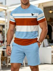 Men's Summer Casual Sports Set, Breathable 3D Print Colorblock Striped Pattern Round Neck T-Shirt And Shorts, Knit Fabric With Slight Stretch, Regular Fit, Outdoor Leisure Wear - Multicolor - View 1