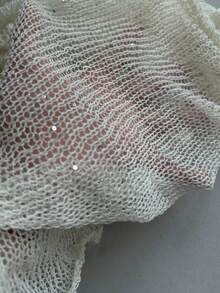 女士薄纱亮片针织长袖喇叭袖上衣，常规长度，略带弹性，适合度假、夏季、约会等场合。 - 米色 - 查看 10