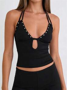 Womens Solid Halter Tank Tops Adjustable Tie Neck Front Cutout Slim Fit Vest With Round Stud Detail - Black - View 1