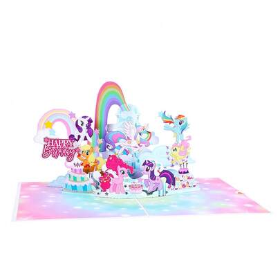 Miniso 1pc Cute My Little Pony 3D Pop-Up Greeting Card, Foldable Anime Card For Birthday Party Gift With Rainbow & Cake For Party