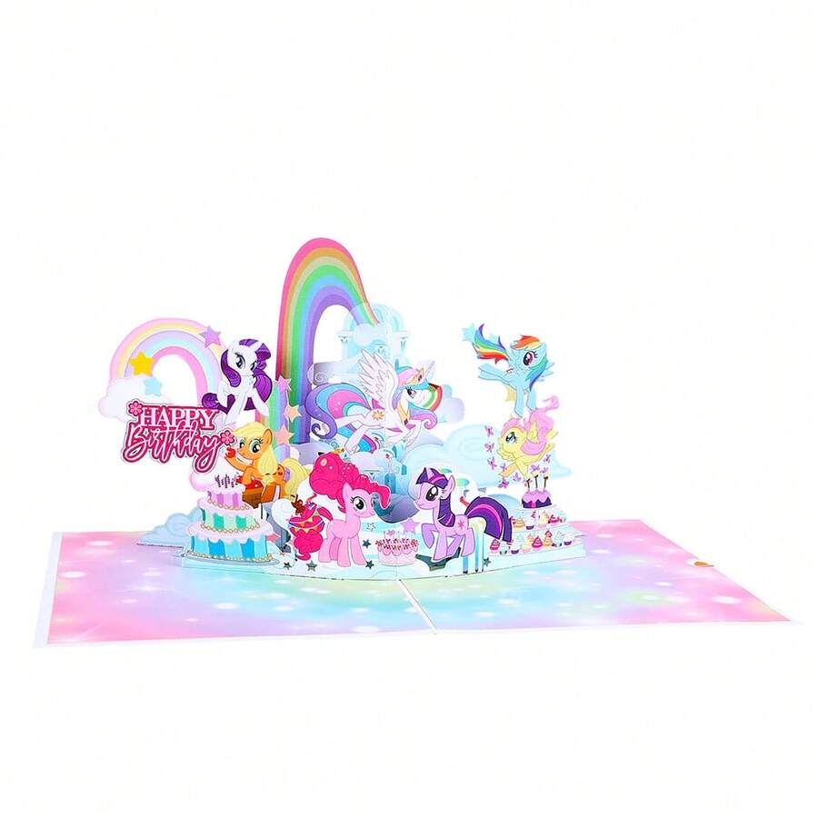 Miniso 1pc Cute My Little Pony 3D Pop-Up Greeting Card, Foldable Anime Card For Birthday Party Gift With Rainbow & Cake For Party - B - View 1